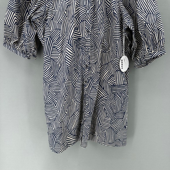 STAUD‎ Vincent Mini Dress Navy Tan Mosaic Puff Sleeve Button Front Womens XL NWT - Picture 4 of 12